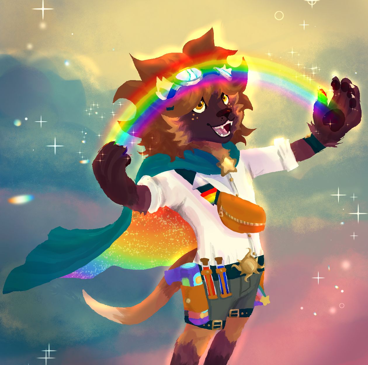 A painting of an anthropomorphic brown-furred wolverine otter hybrid. He is spreading a rainbow between his paws.