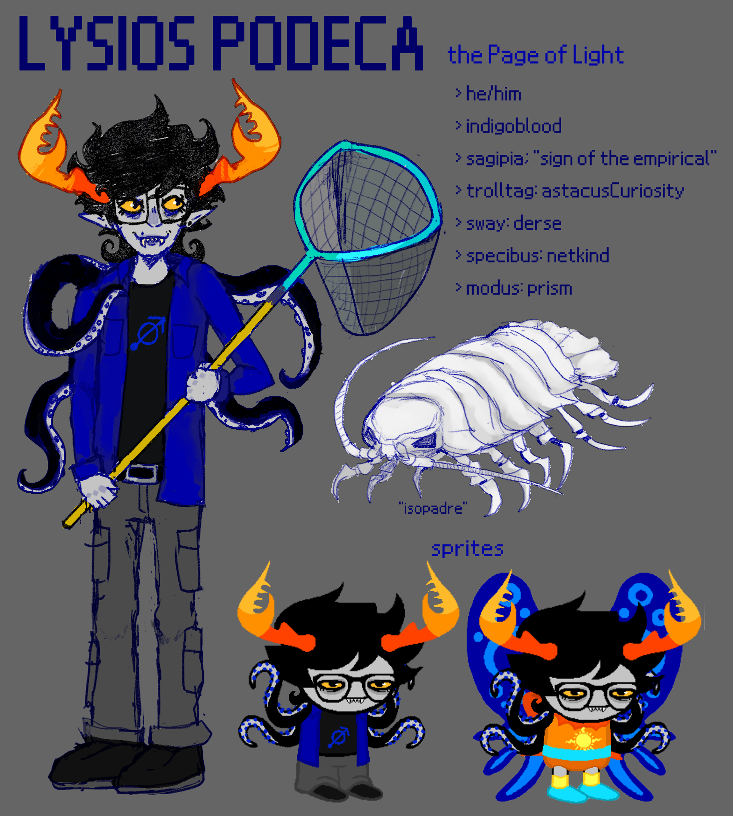 an illustration of an indigoblooded homestuck troll. He has wavy hair and four tentacles protrude from his back. His horns are shaped like lobster claws.