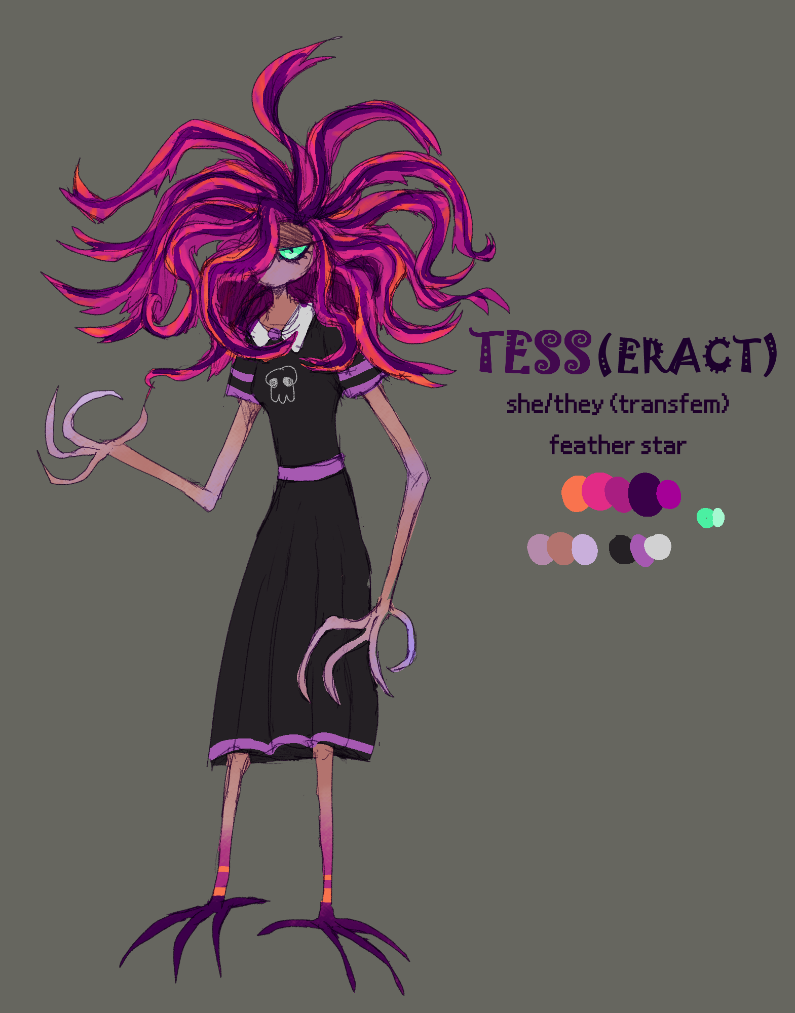 An illustration of a purple anthropomorphic feather star. she is wearing a black pinafore with a skull.