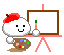 a pixel graphic of a small white smiley painting a picture